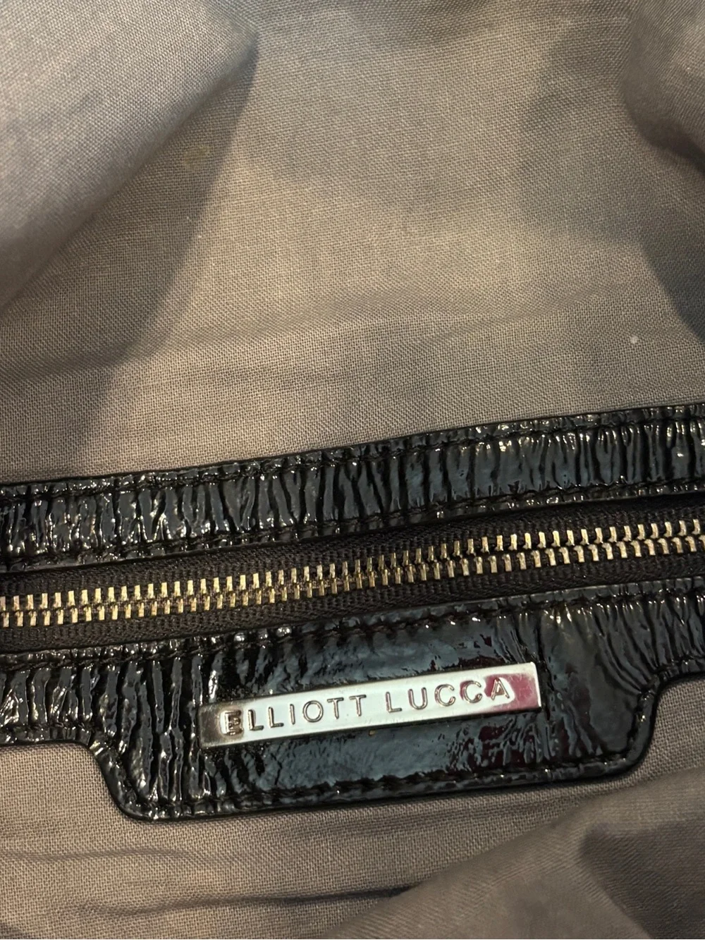 Elliott Lucca Black Patent Hobo with Woven Side Panels
